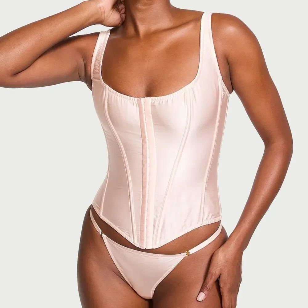 Victoria's Secret Very Sexy Classic Silk Corset Set Purest Pink Medium DD NEW - Picture 2 of 5